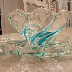 Vintage Mikasa Green "Peppermint Swirl" Oval Lead Crystal Candy Dish & Votive Se